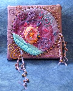 hand embroidered Spring Burst textile art moon