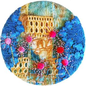 embroidered moon, naturally dyed threads and fabrics